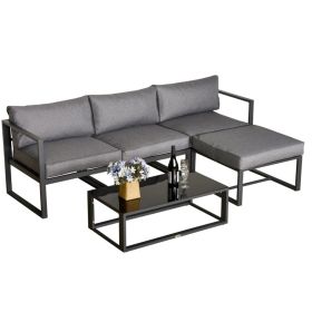5 Pcs Outdoor Furniture Set with Glass End Table Padded Cushion - Grey