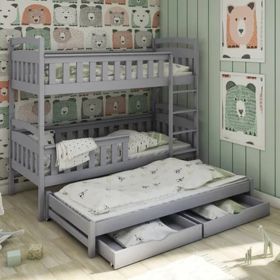 Chariot Wooden 2 Drawers Storage Bunk Bed with Trundle and Foam Mattress - Grey