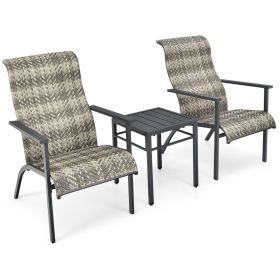 High Back with Backrest Chair 3PCS Outdoor Rattan Wicker Table and Chair Set - Grey