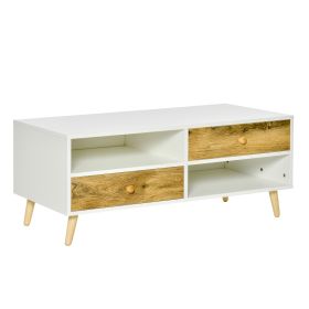 Coffee Table Rectangular End Table Side Table with 2 Drawers and 2 Shelves for Living Room, Bedroom, Office, White and Brown