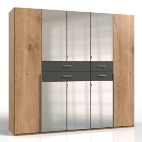 Denver 5 Door Wardrobe with Mirror and Drawers  - Planked Oak and Graphite