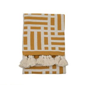 Canberra Knitted Tassel Throw - Ochre and Cream