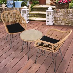 Rattan 3pcs Garden Furniture Sofa Set with Chairs, Cushions, Table - Brown, Black, Grey