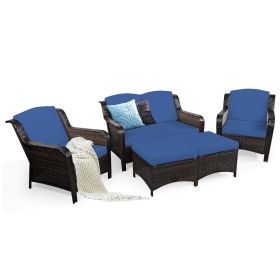 Outdoor Rattan 5 PCS Conversation Sofa Set with Removable Cushion - Mix Brown and Blue Cushions