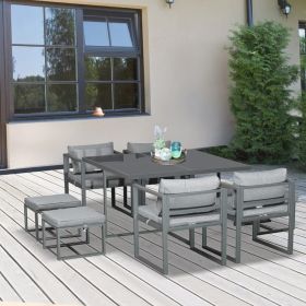 9 PCs Garden Dining Table Sets With 4 Cushioned Chairs and 4 Ottoman Table - Grey