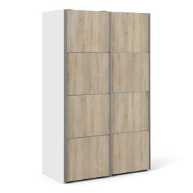 Verona Sliding Wardrobe 120cm in White with Oak Doors with 5 Shelves - White and Oak