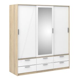 Line Sliding Wardrobe - 3 Doors 6 Drawers in Oak with White High Gloss - Oak with White High Gloss