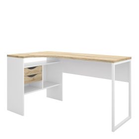 Function Plus Corner Desk 2 Drawers in White and Oak - White and Oak