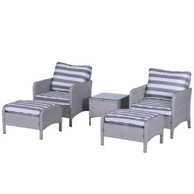 2 Seater PE Rattan Garden Furniture Set, 2 Armchairs 2 Stools Glass Top Table Cushions Wicker Weave Chairs Outdoor Seating - Grey