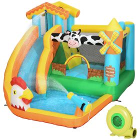 5 in 1 Kids Bounce Castle Farm Style Inflatable House with Slide Trampoline Pool Water Cannon Climbing Wall Inflator Carry bag for Ages 3-8