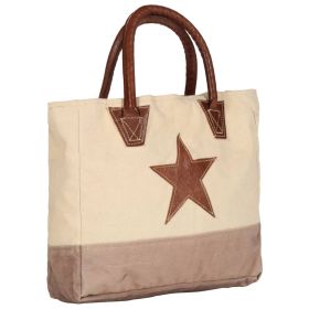 Shopper Bag Beige 32x10x37.5 cm Canvas and Real Leather