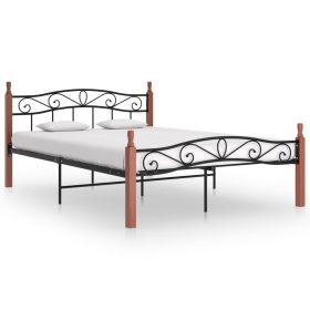 Bed Frame Black Metal and Solid Oak Wood 140x200 cm