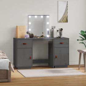 Dressing Table Set with LED Grey Solid Wood Pine