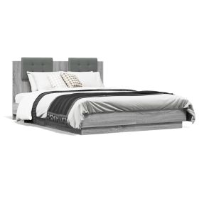 Bed Frame with Headboard and LED Lights Grey Sonoma 135x190 cm Double