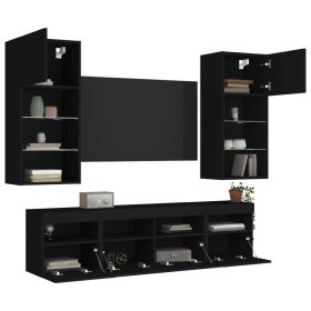 5 Piece TV Wall Units with LED Black Engineered Wood