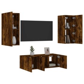 4 Piece TV Wall Units with LED Smoked Oak Engineered Wood