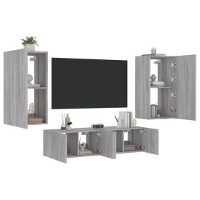 4 Piece TV Wall Units with LED Grey Sonoma Engineered Wood