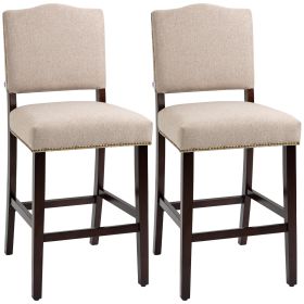Modern Fabric Bar Stools Set of 2, Thick Padding Kitchen Stool, Bar Chairs with Back, Nailhead Trim, Wood Legs, Beige