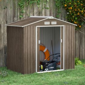 Metal Double Doors Garden Storage Shed 7 x 4ft with Vents, Floor Foundation and Lockable Door - Light Brown