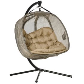 Double Hanging Egg Chair 2 Seaters Swing Hammock Chair with Stand, Cushion and Folding Design, for Indoor and Outdoor, Brown