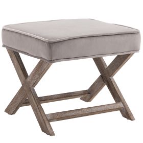 Vintage Footstool Padded Seat X Leg Chair Velvet Cover Shabby Chic Footrest Solid Rubber Wood 49.5 x 45 x 41 cm Grey