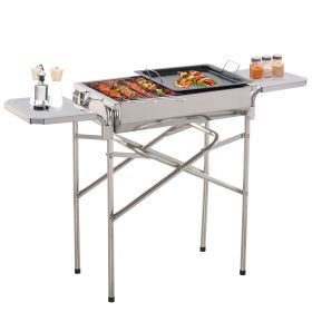 Outdoor Folding BBQ Rectangular Stainless Steel Adjustable Pedestal Charcoal Barbecue Grill - Silver