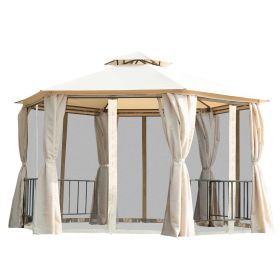 Hexagon Gazebo Patio Canopy Party Tent Outdoor Garden Shelter w/ 2 Tier Roof & Side Panel - Beige