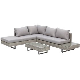 5-Seater Rattan Garden Furniture Wicker Conservatory Corner Sofa Set Chaise Lounge with Coffee Table, Side Table & Cushions-Grey