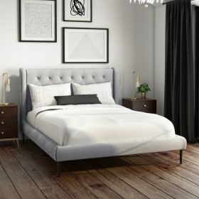 Mid Century Modern Bed Frame in Light Grey Velvet - 2 Size