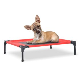 Elevated Pet Bed Portable Camping Raised Dog Bed w/ Metal Frame Black and Red (Medium)