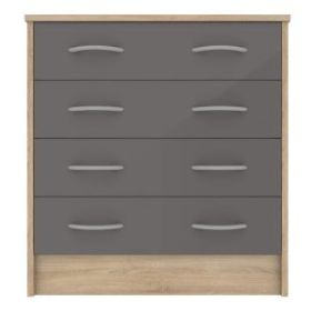 Contemporary Charm Solihull Oak Finish Chest of 4-Drawer with Metallic Handle - Grey Gloss