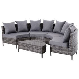 Rattan Garden Furniture 4 Seaters Half-round Patio Outdoor Sofa & Table Set Wicker Weave Conservatory Cushioned Seat with Pillow - Grey