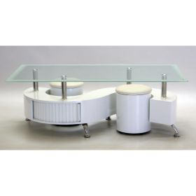 Helston luxurious White High Gloss Coffee Table with Set of 2 Stools and Glass Table Top