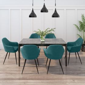 Grey Ceramic Extendable Dining Set with 6 Teal Velvet Dining Chairs