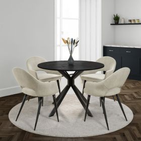 Round Black Oak Drop Leaf Dining Table with 4 Beige Fabric Dining Chairs