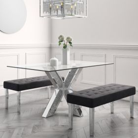 Glass Rectangle Dining Table with 2 Charcoal Velvet Dining Benches