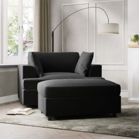 Velvet Sofa Armchair and Footstool Set - Charcoal Grey 