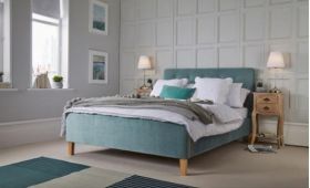 LPD Blue Velvet King Size Bed Frame with Light Wooden Legs