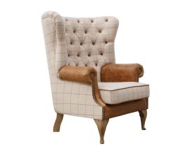 Dewsbury Wrap Around Wing Chair in Leather & Wool - Taupe
