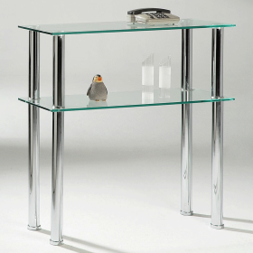 Beverley Tall Stainless Steel Stand Clear Glass Top Hall Unit - 2 Tier Shelves