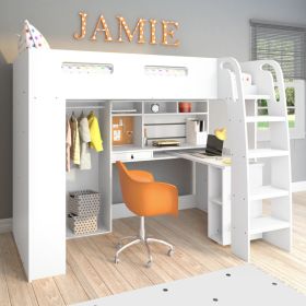 Single High Sleeper Bed with Desk and Wardrobe Storage in White - Carter