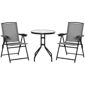 3 Piece Patio Furniture Bistro Set 2 Folding Chairs 1 Tempered Glass Table Adjustable Backrest - Grey