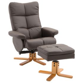 Faux Leather Swivel Recliner Chair with Footstool, Wooden Base and Storage for Living Room, Brown