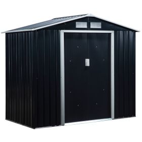 Lockable Garden Shed Large Patio Roofed Tool Metal Storage Building Foundation Sheds Box Outdoor Furniture, 7ft x 4ft, Dark Grey