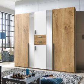 Odense 5 Door Mirrored Wardrobe - White And Planked Oak