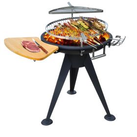 Charcoal BBQ Outdoor Garden Adjustable Barbecue Double Grill Party Cooking Fire Pit with Cutting Board - Black