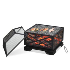 66cm 2 in 1 Square Fire Pit Metal Brazier for Garden, Patio with BBQ Grill Shelf & Spark Screen Cover & Poker, Black