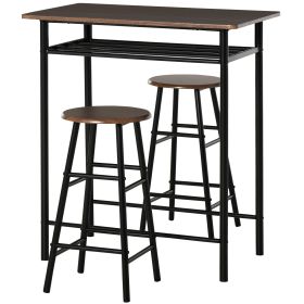 Bar Table Set, Bar Set-1 Bar Table and 2 Stools with Metal Frame Footrest and Storage Shelf, for Kitchen, Dining Room, Pub, Cafe, Black and Oak