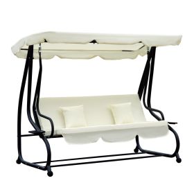 2-in-1 Garden Swing Seat Bed 3 Seater Swing Chair Hammock Bench Bed with Tilting Canopy and 2 Cushions, Cream White