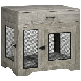 Indoor Use Dog Crate Furniture with Cushion, Double Doors Pet Kennel End Table with Drawer for Medium Dogs, Grey